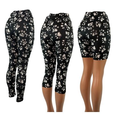 Black & White Vintage Style Paw Prints POCKETS Leggings Capris or Shorts